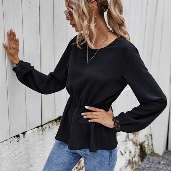 Open back babydoll long sleeve black blouse - Picture 3 of 6